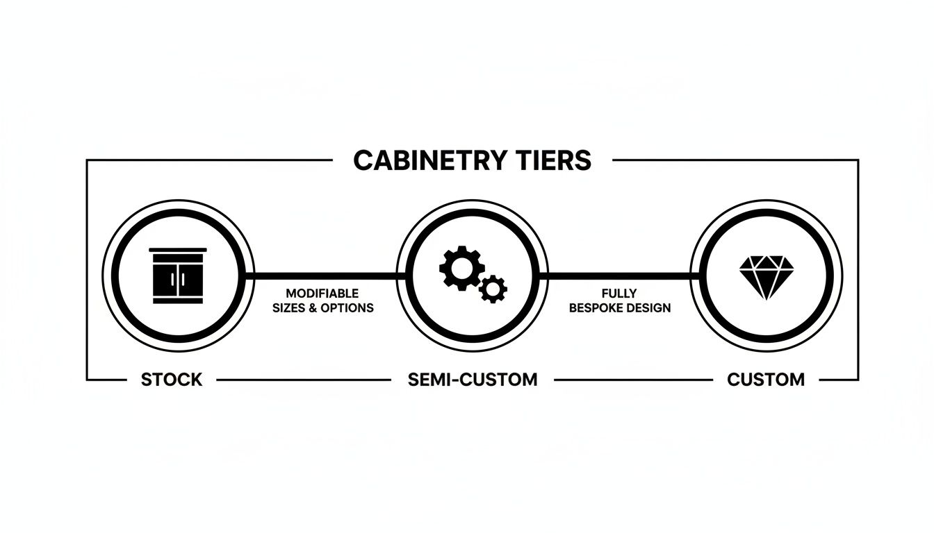 Diagram illustrating cabinetry tiers: Stock, Semi-Custom with modifiable options, and Custom bespoke design.