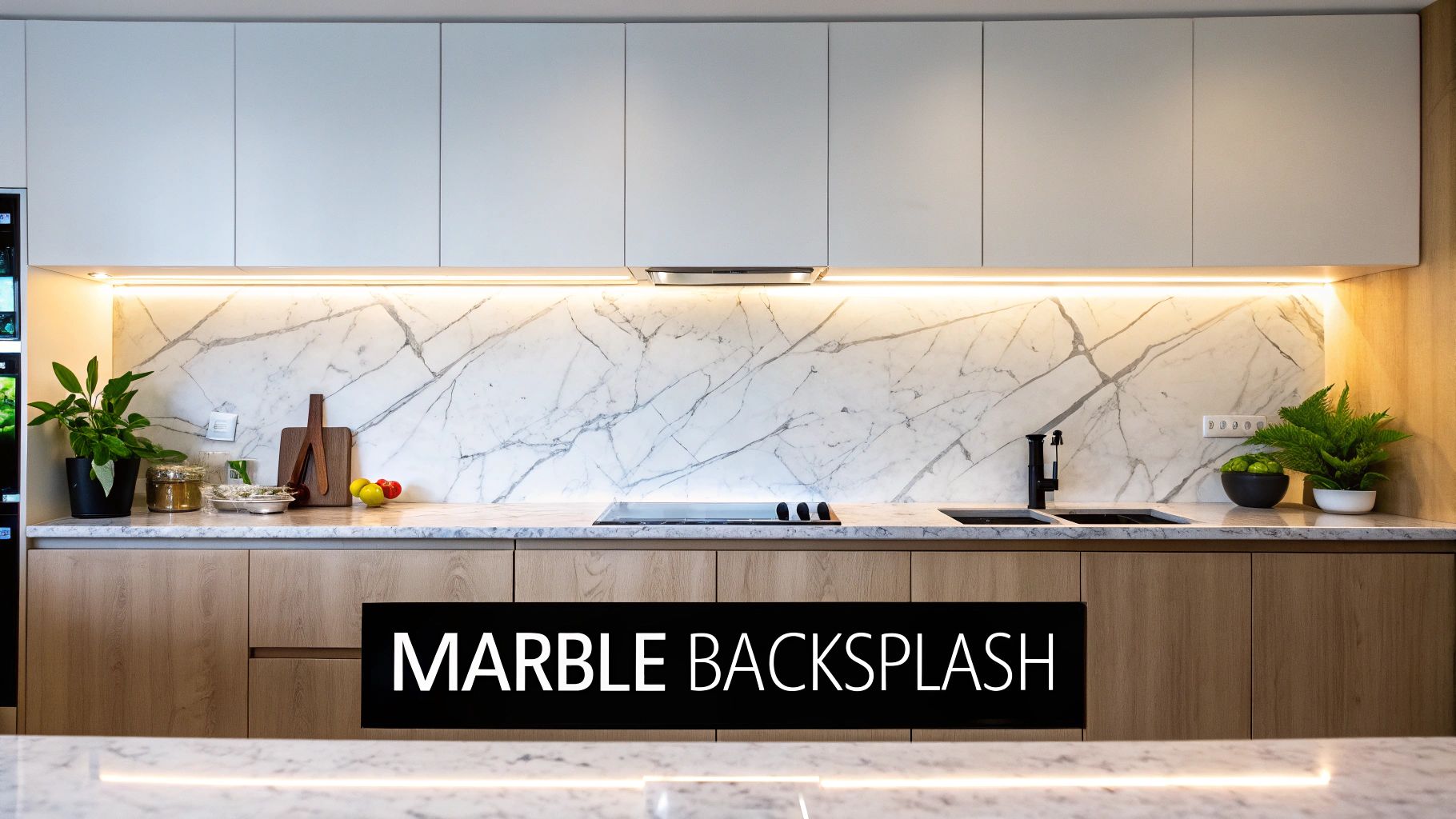 A modern kitchen featuring a prominent white marble backsplash, light wood lower cabinets, and white upper cabinets.