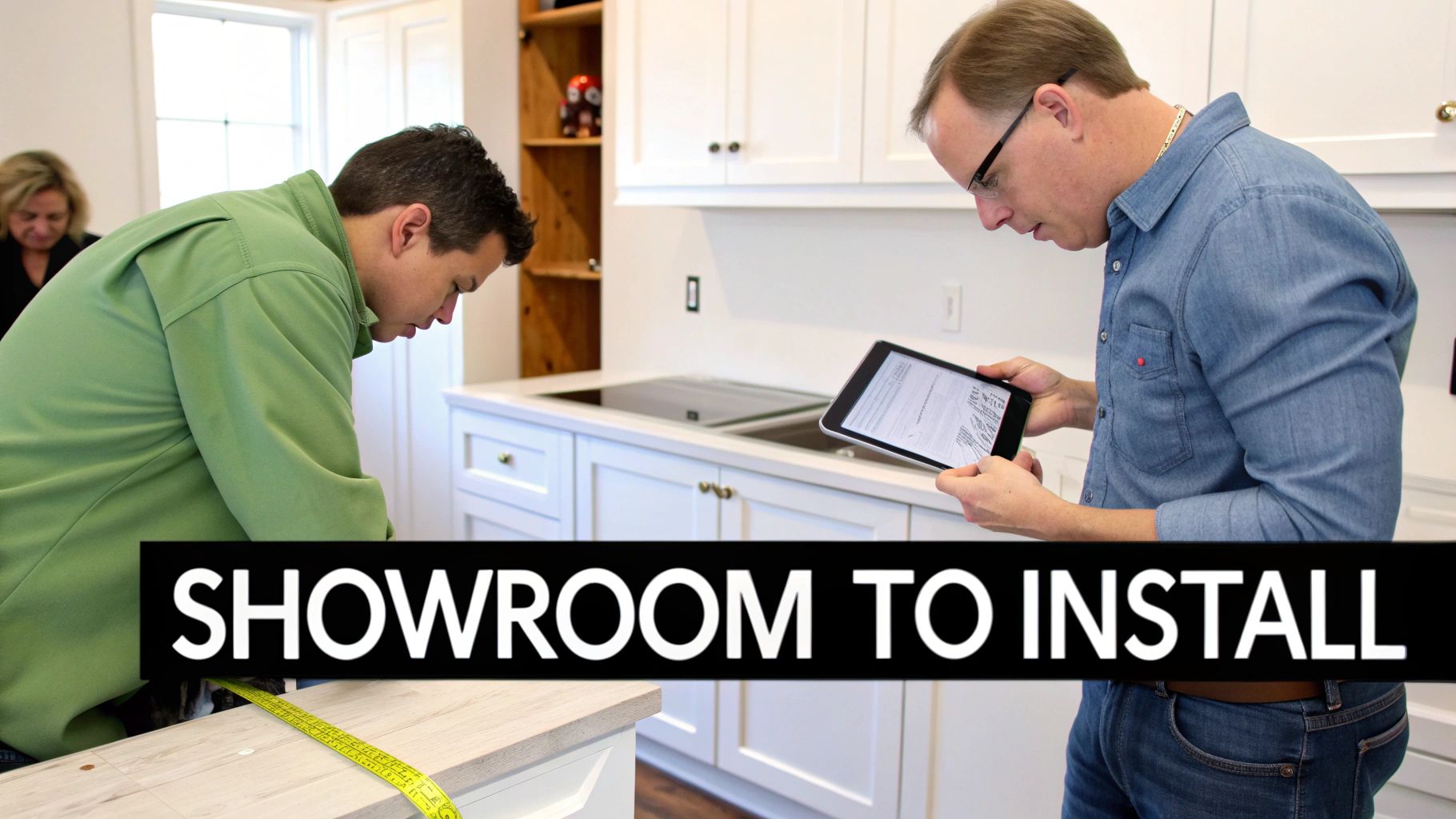 Two men in a modern kitchen setting, one measuring a countertop, the other reviewing plans on a tablet.