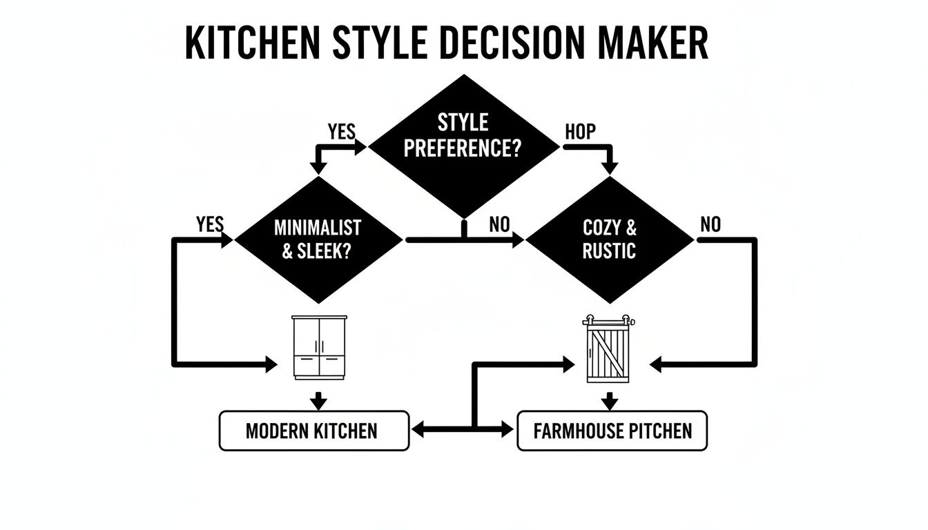 Flowchart for kitchen style decision making, guiding choices between modern and farmhouse designs based on preferences.