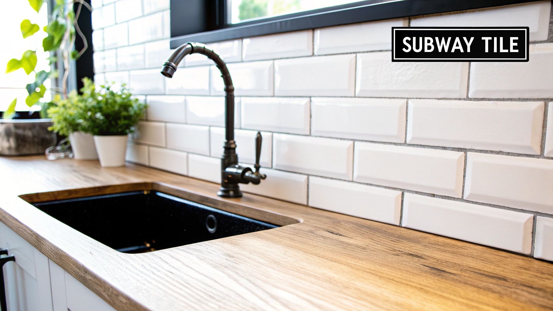 A modern kitchen interior showcasing a black sink, wooden countertop, and white subway tile backsplash.