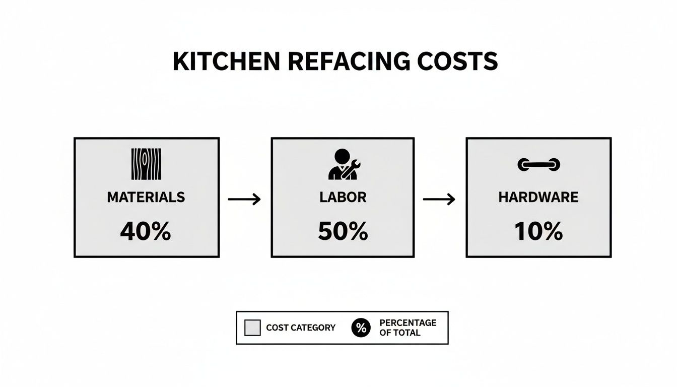 Infographic showing the percentage breakdown of kitchen refacing costs into materials, labor, and hardware.