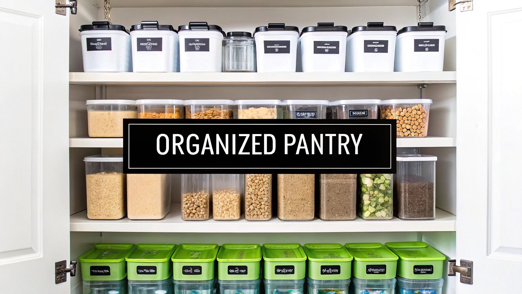 A well-organized pantry with shelves full of labeled food storage containers.