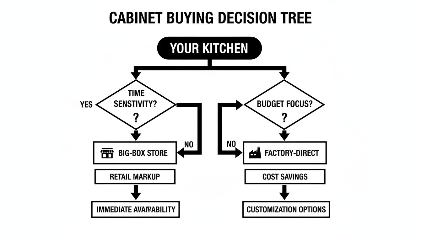 A decision tree illustrating cabinet buying choices based on time sensitivity and budget focus.