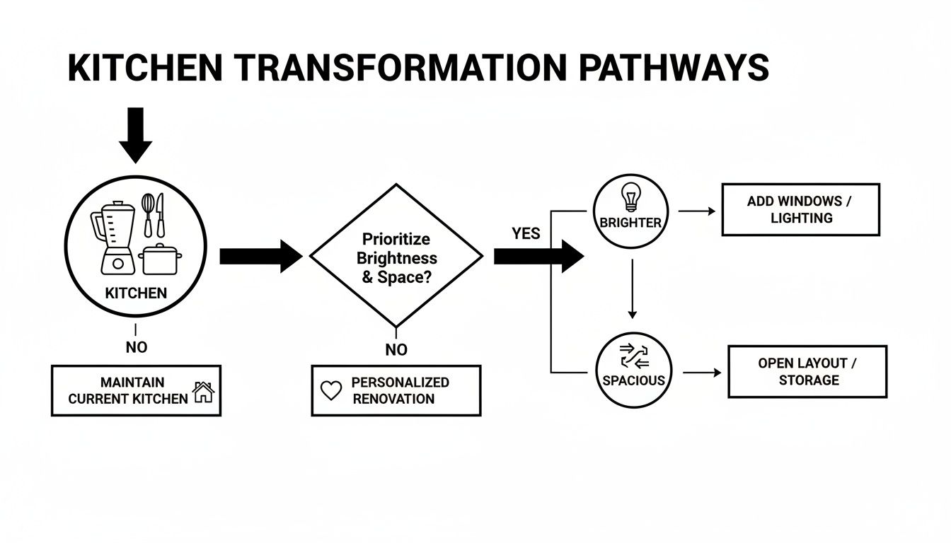 Flowchart illustrating kitchen transformation pathways, guiding decisions for brightness and space.