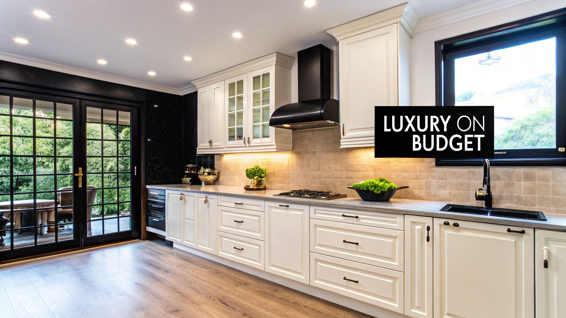 A sleek modern kitchen with white cabinets, a black range hood, and a door to a patio.