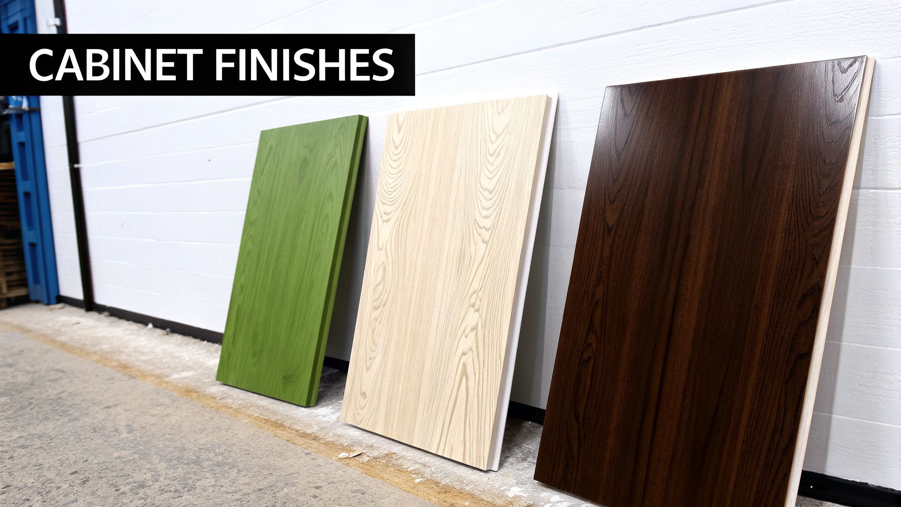 Three distinct cabinet finishes: a vibrant green, light wood grain, and rich dark wood, displayed against a white wall.