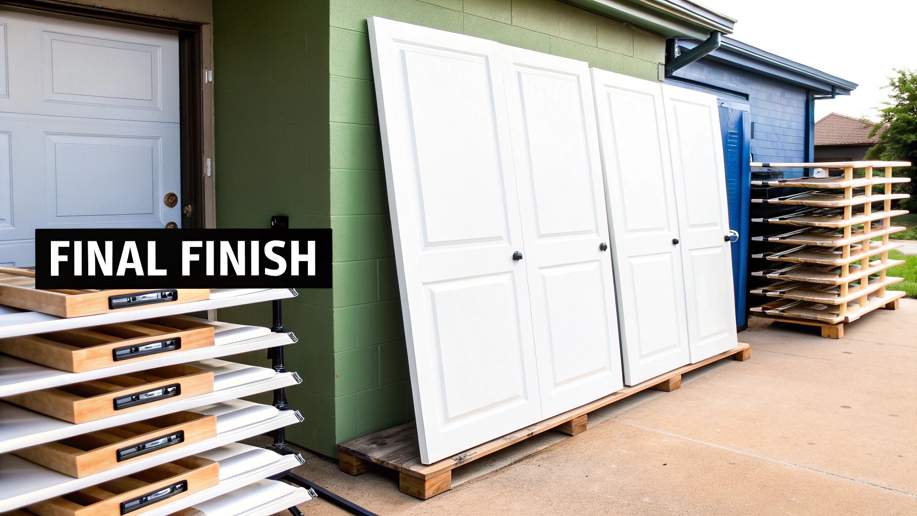 Newly painted white doors and drawers drying on racks outside a building, labeled 'FINAL FINISH'.