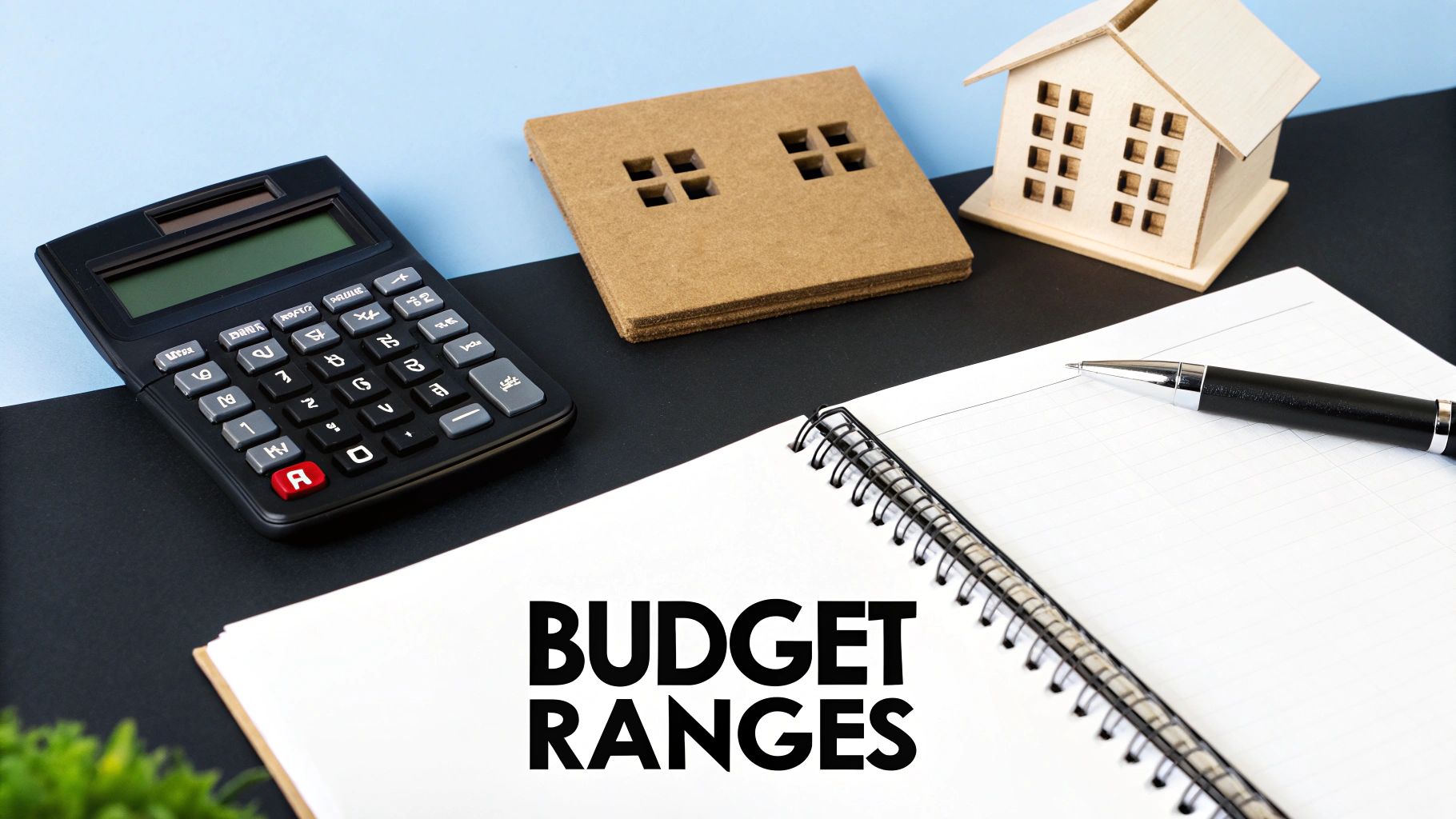 A calculator, two house models, a notebook, and a pen with 'BUDGET RANGES' text, representing financial planning.