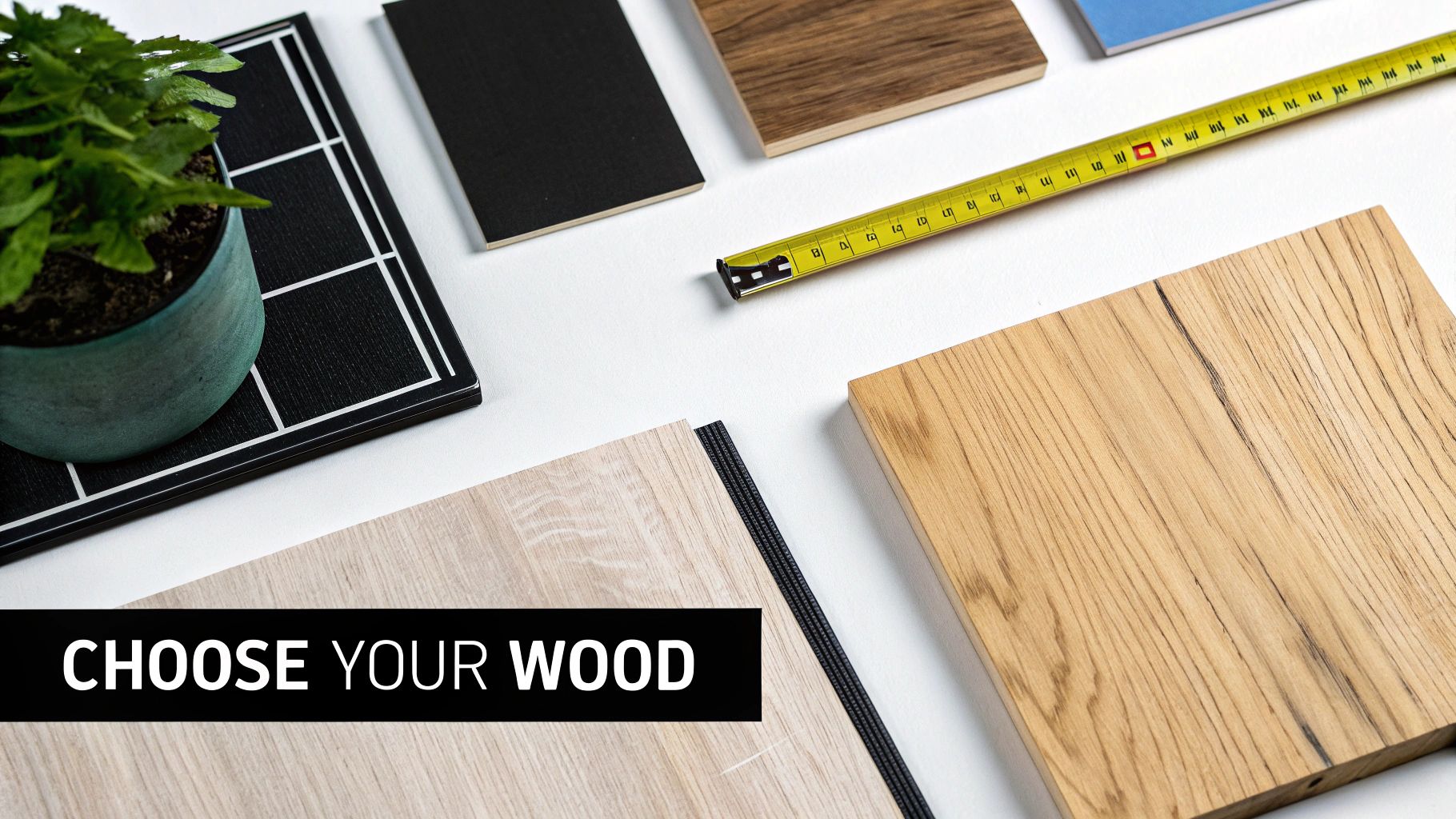 An overhead view of various wood samples, a measuring tape, and design materials for selection.