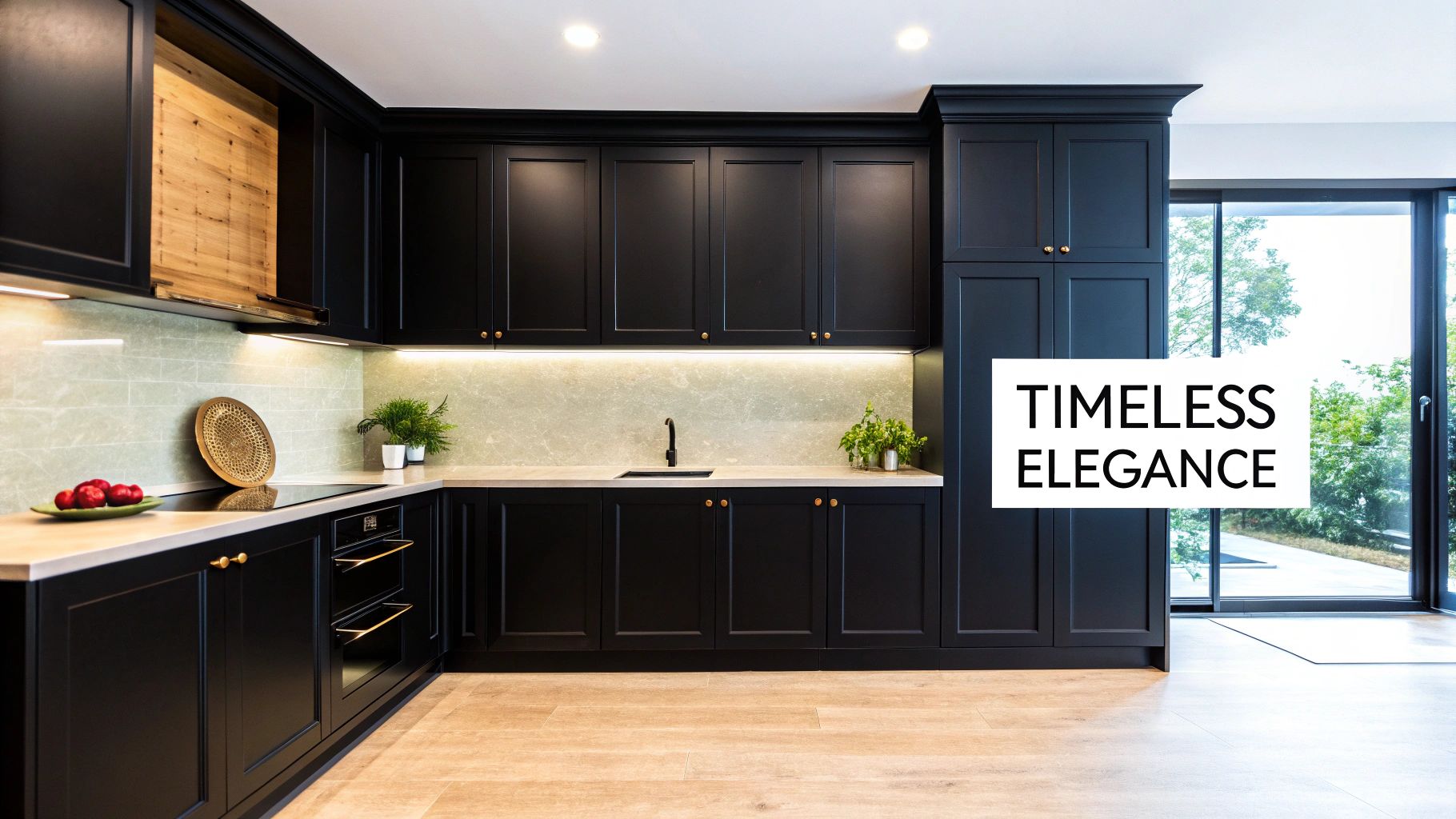 A sleek, modern kitchen featuring dark shaker-style cabinets, light countertops, under-cabinet lighting, and a backyard view.