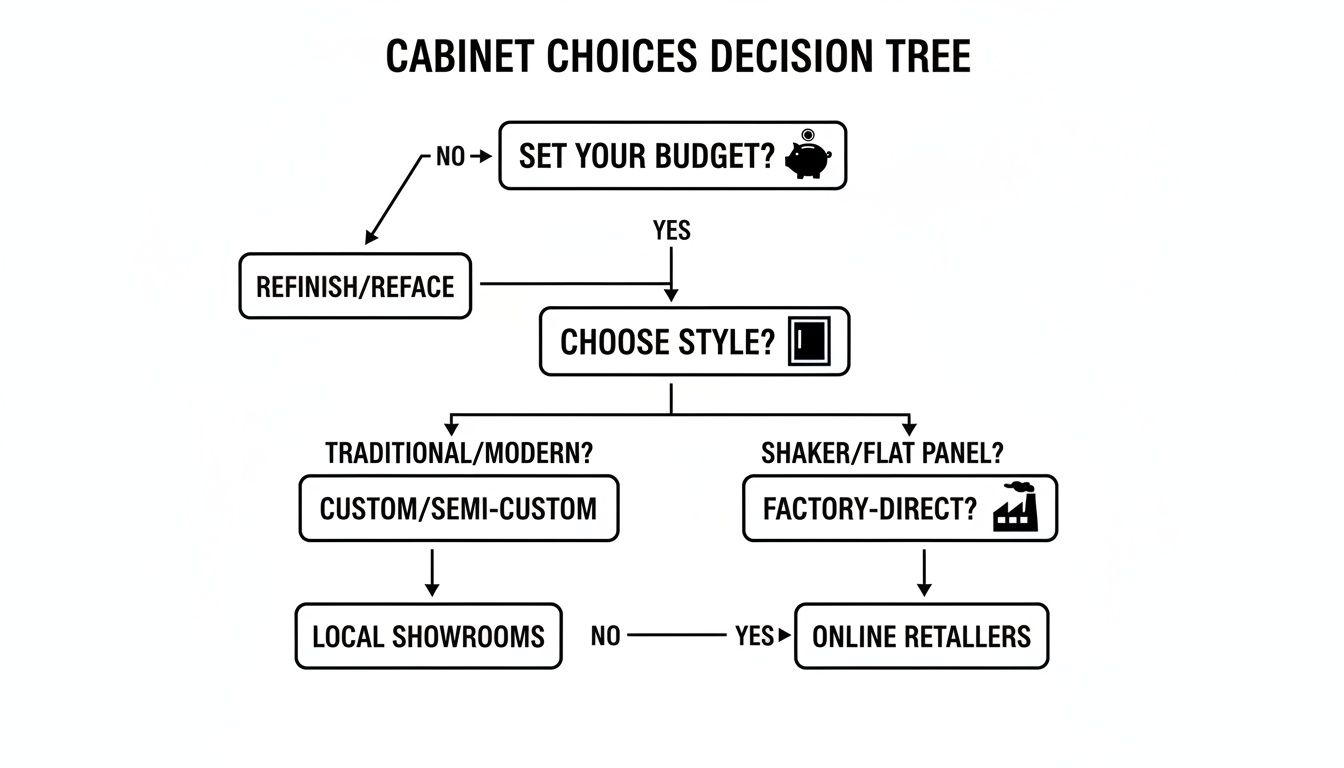 A cabinet choices decision tree flowchart outlining options from budget and style to purchase methods.