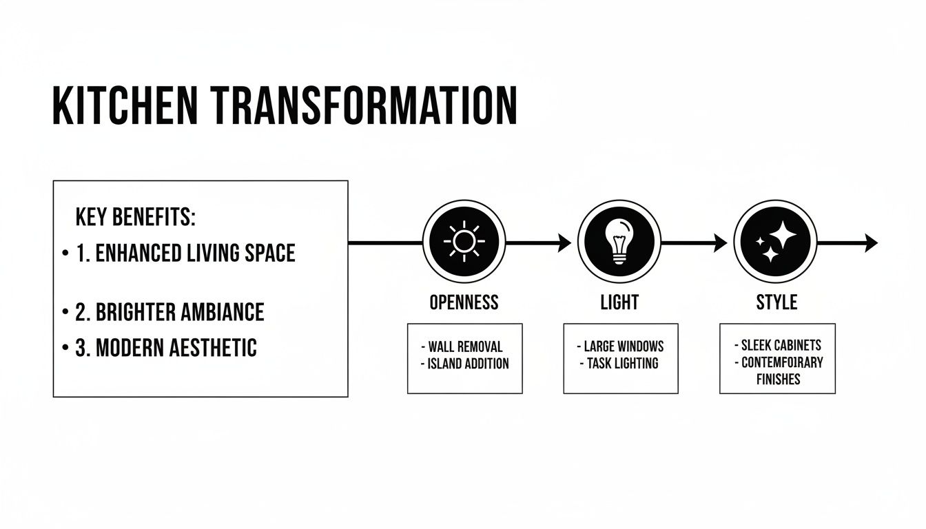 An infographic detailing a kitchen transformation process, highlighting key benefits, openness, light, and style enhancements.