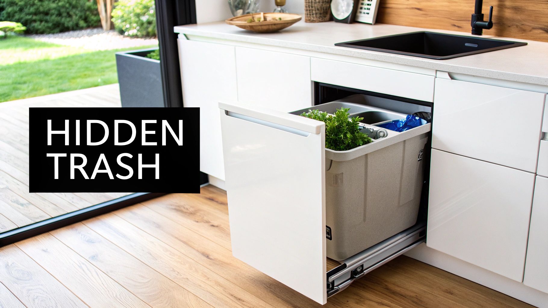 A modern white kitchen cabinet reveals a pull-out drawer with a hidden trash and recycling system.