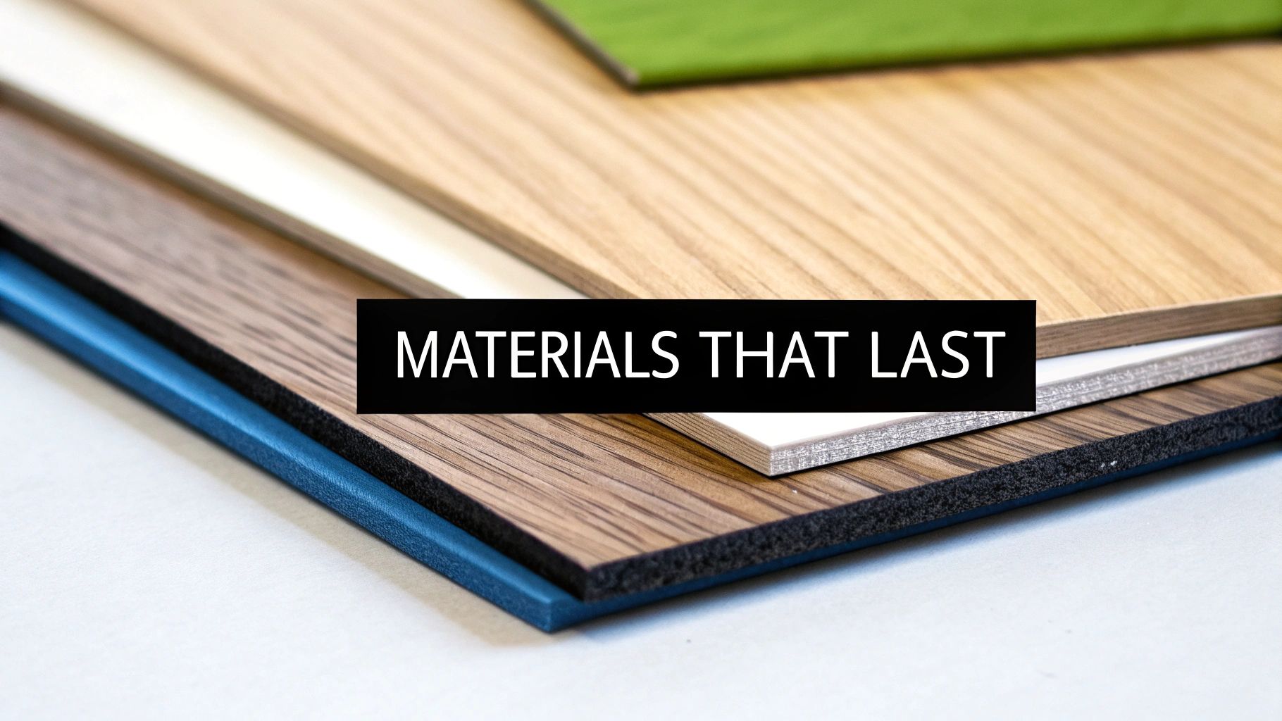 Variety of durable laminate and wood-textured material samples displayed for kitchen cabinet selection