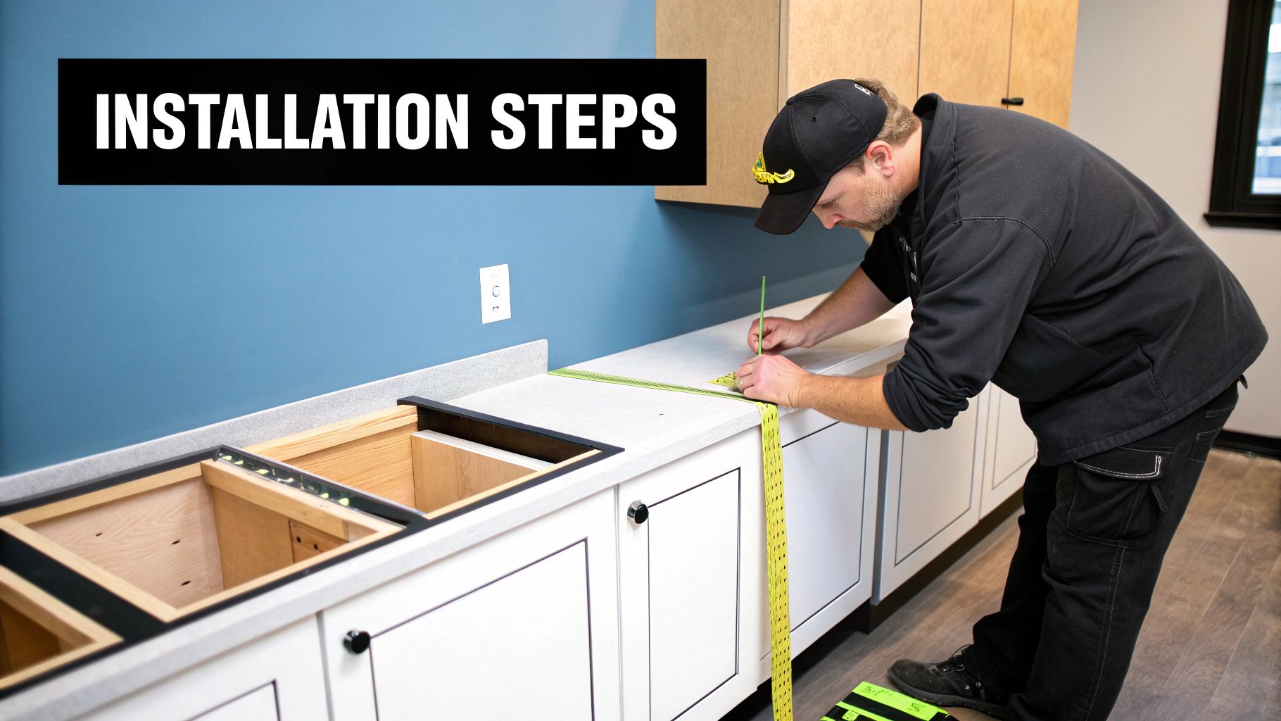 A professional installer fitting a white kitchen cabinet into place.