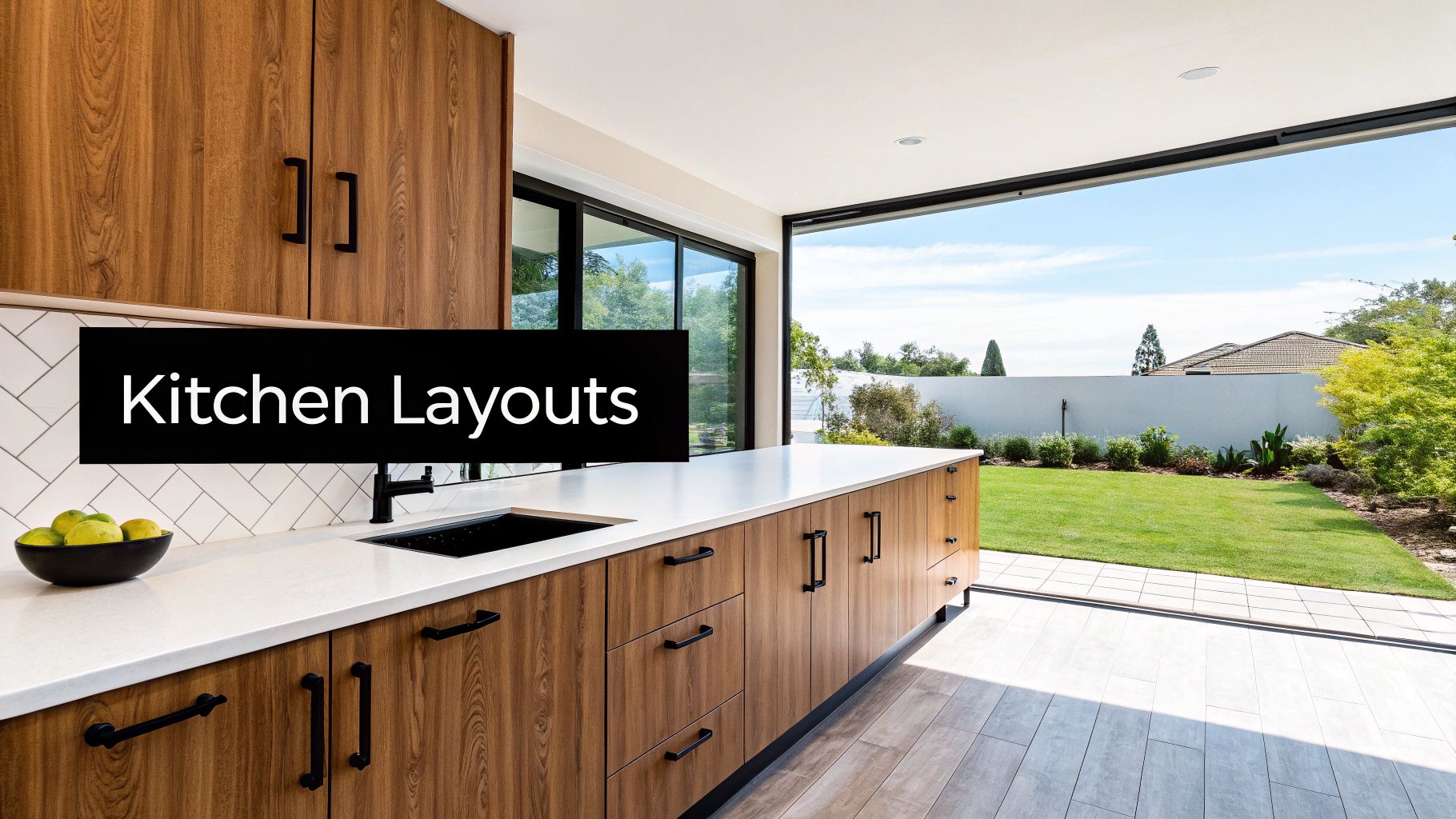 Modern kitchen featuring walnut cabinets, white counters, black sink, and a view to a sunny backyard.