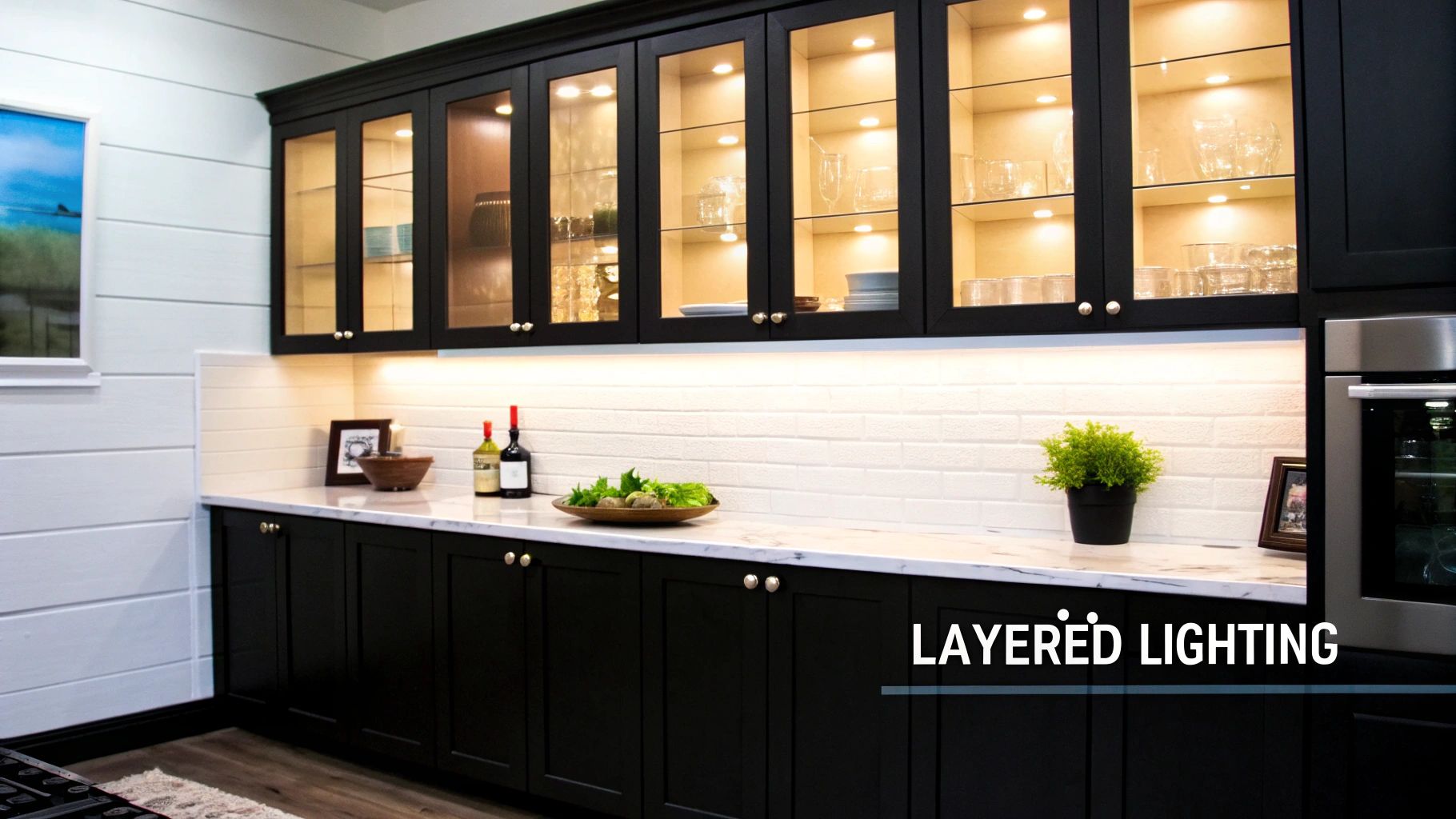 A modern kitchen with dark cabinets, illuminated glass upper cabinets, under-cabinet lighting, and white backsplash.