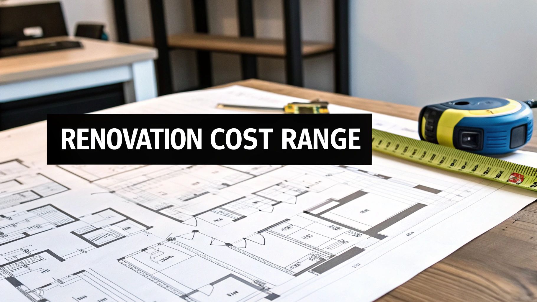 Architectural blueprints, measuring tools, and a 'RENOVATION COST RANGE' banner on a wooden desk.
