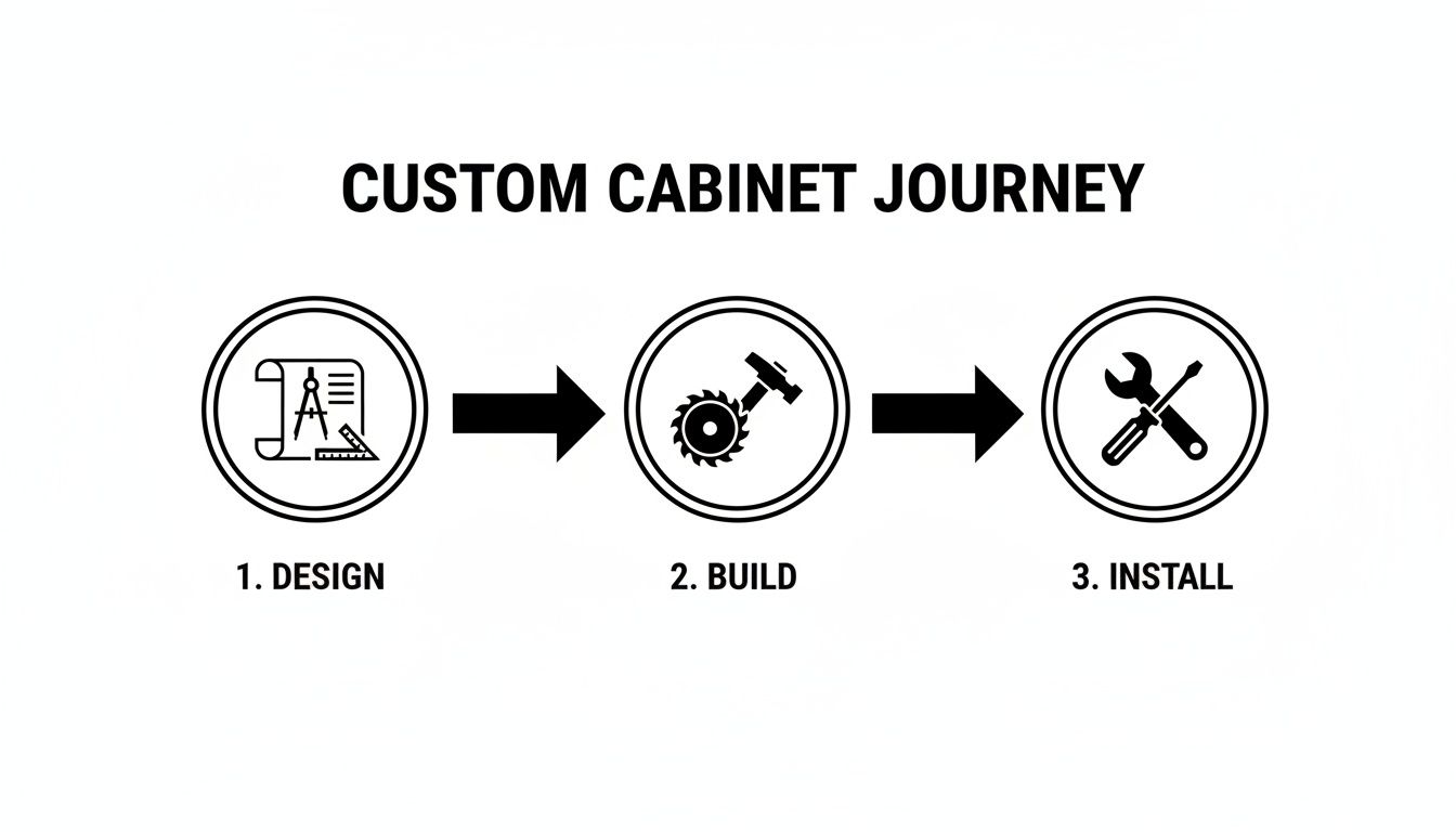 A three-step process for custom cabinet journey, showing design, build, and install phases with icons.