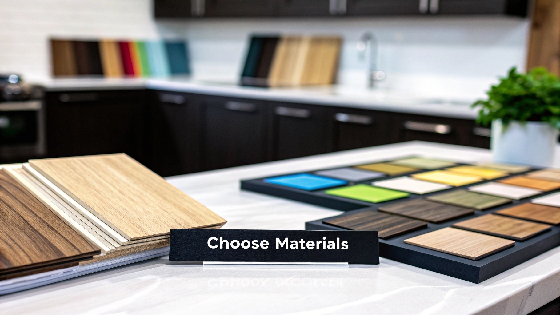 Material samples for kitchen cabinet refacing displayed on a white countertop with a 'Choose Materials' sign.