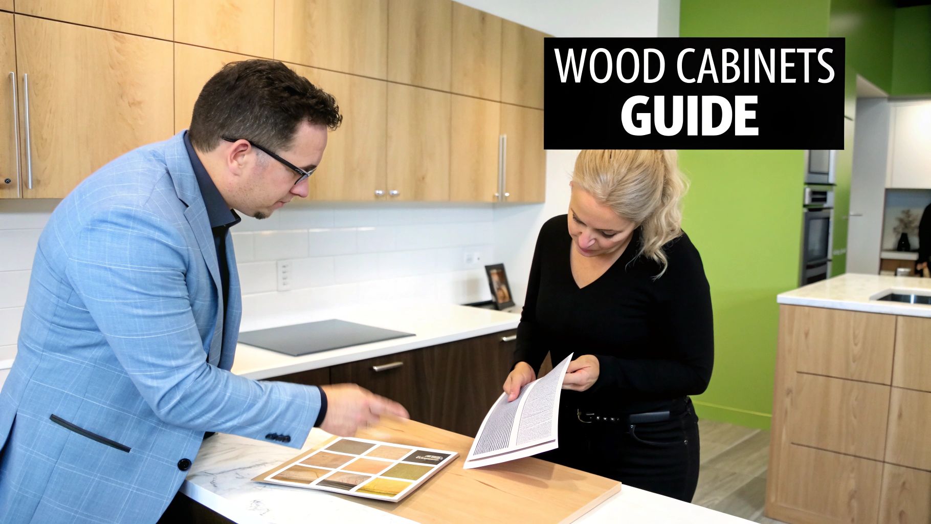 A man and woman in a modern kitchen consult a wood cabinets guide, looking at samples.