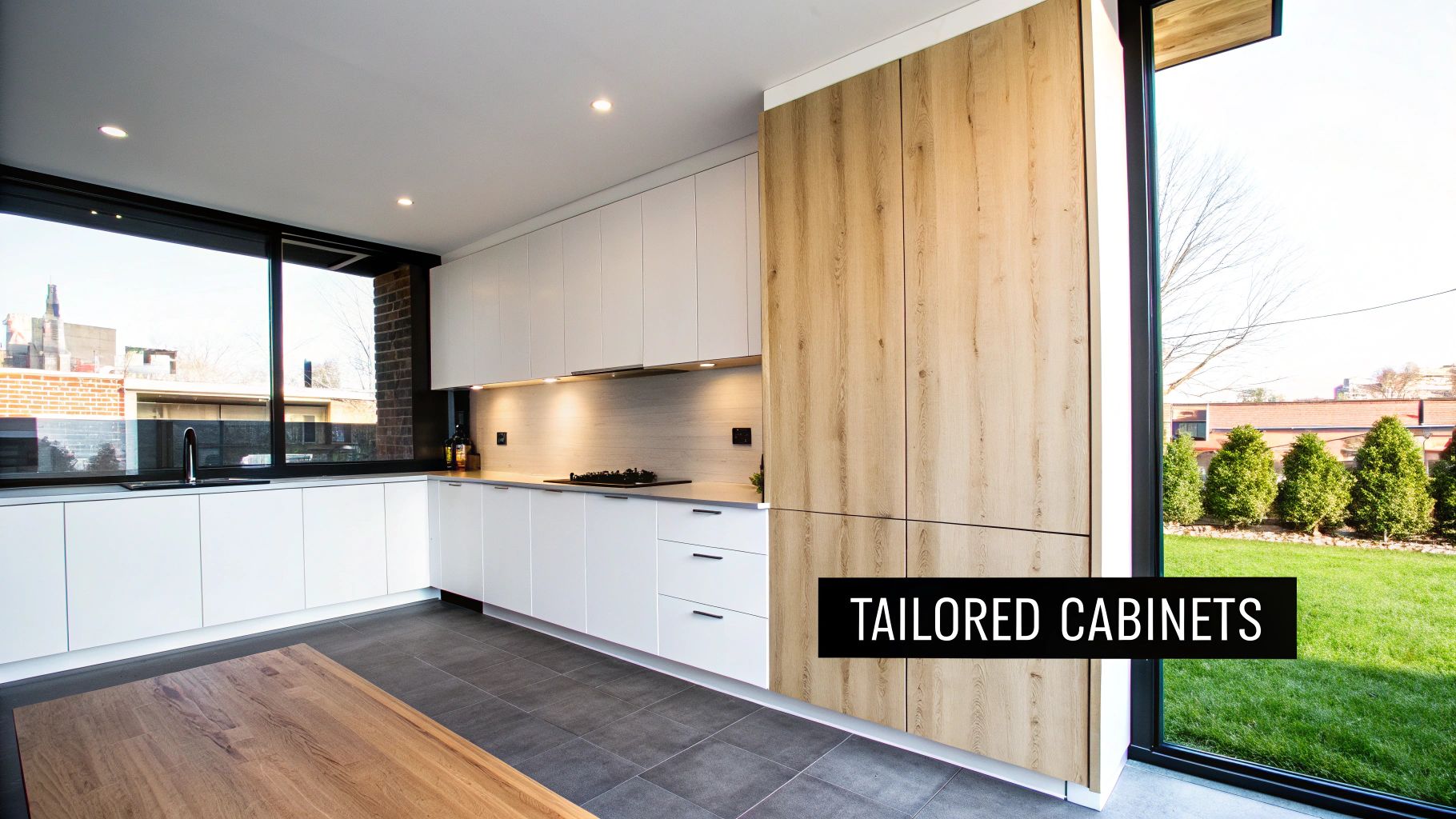 A modern kitchen with white and light wood grain cabinets, a large window, and dark tiled floor.
