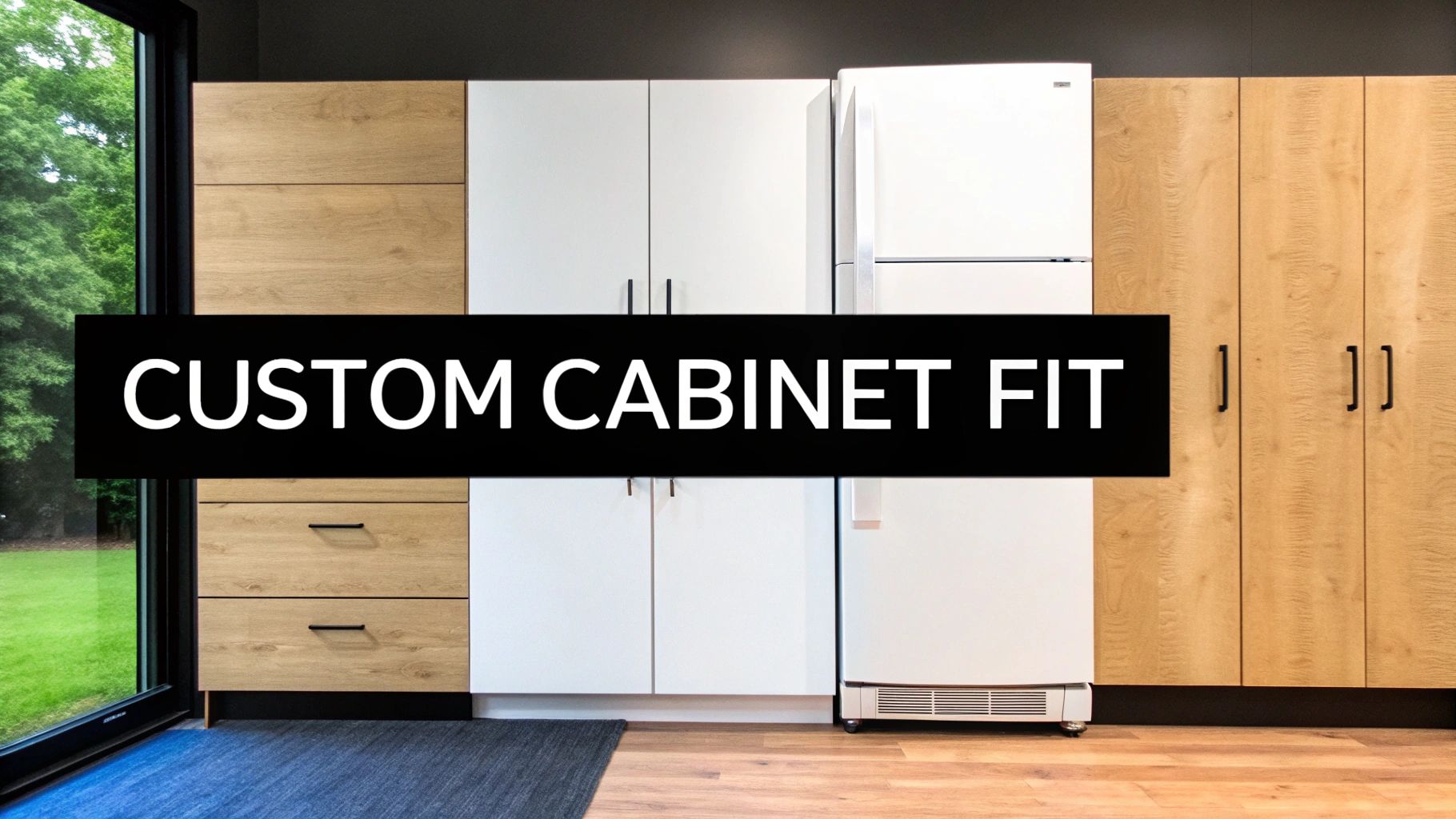 A custom kitchen or storage area with light wood and white cabinets, and a white refrigerator.