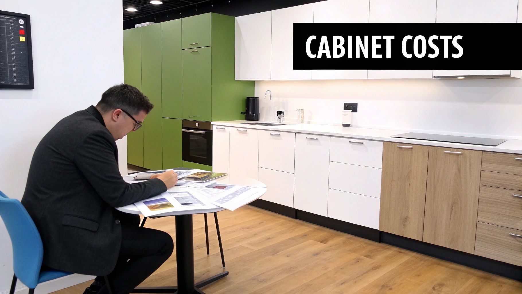 Man in a kitchen showroom reviews papers about cabinet costs, featuring green and white cabinetry.