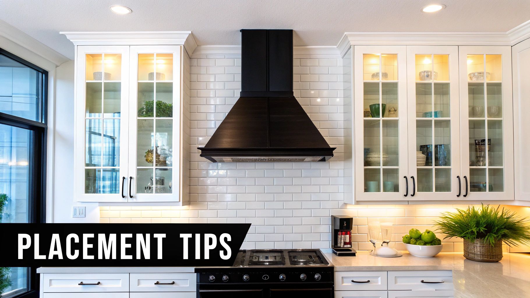 Modern kitchen featuring white glass-door cabinets, a black range hood, and subway tile backsplash.