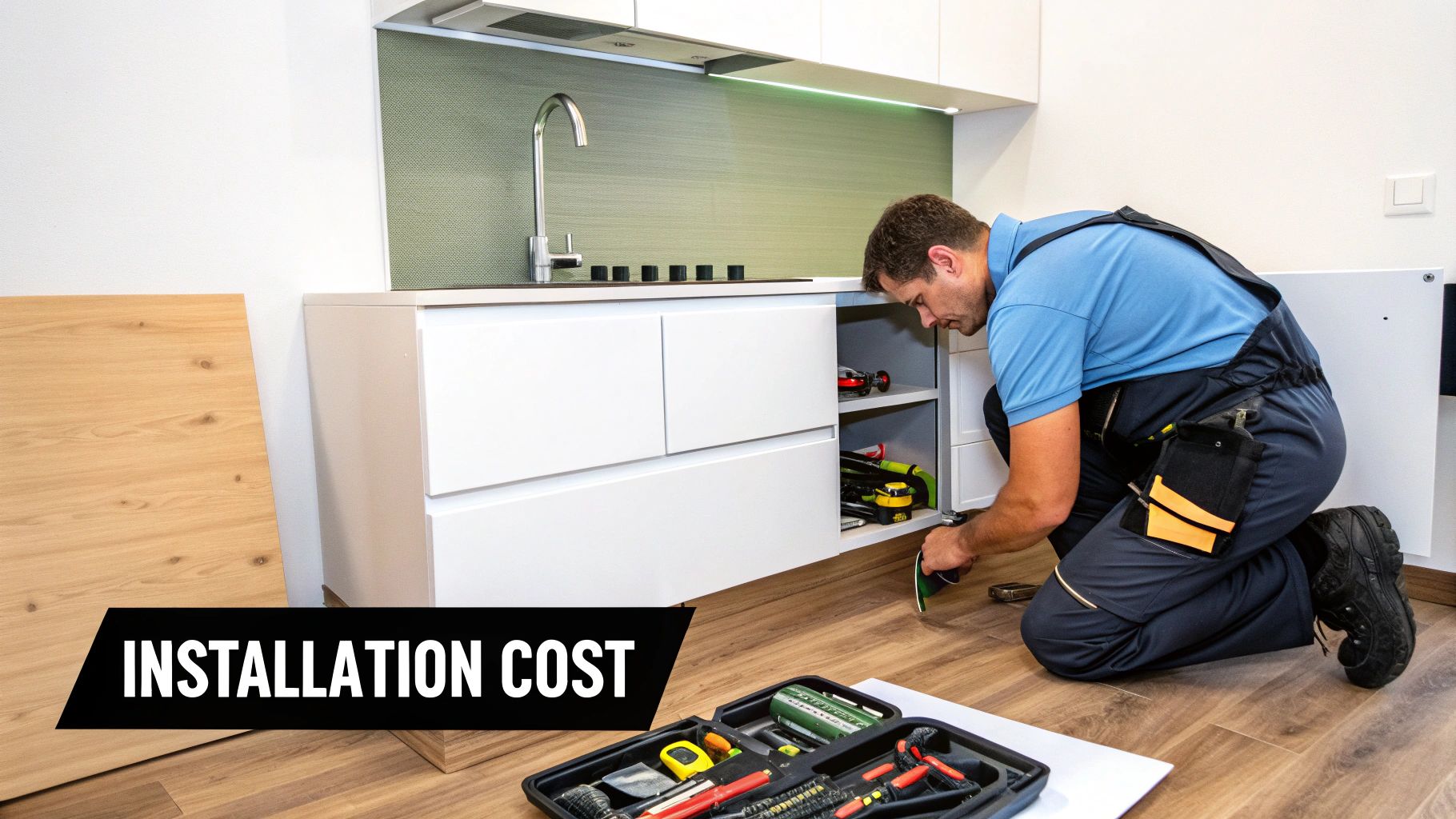 A man in work clothes installing white kitchen cabinets, with a toolbox on the wooden floor.