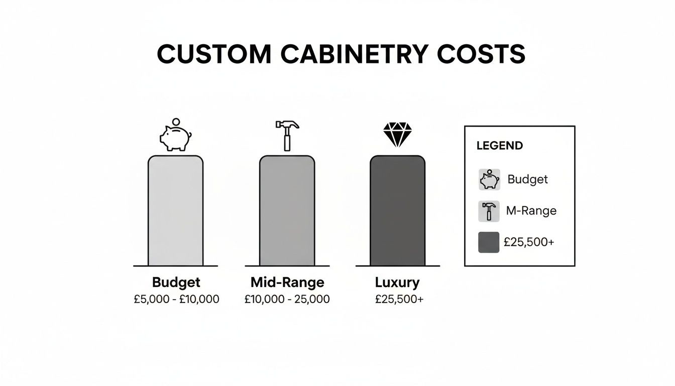 Bar chart showing custom cabinetry costs: Budget (£5k-£10k), Mid-Range (£10k-£25k), and Luxury (£25.5k+).