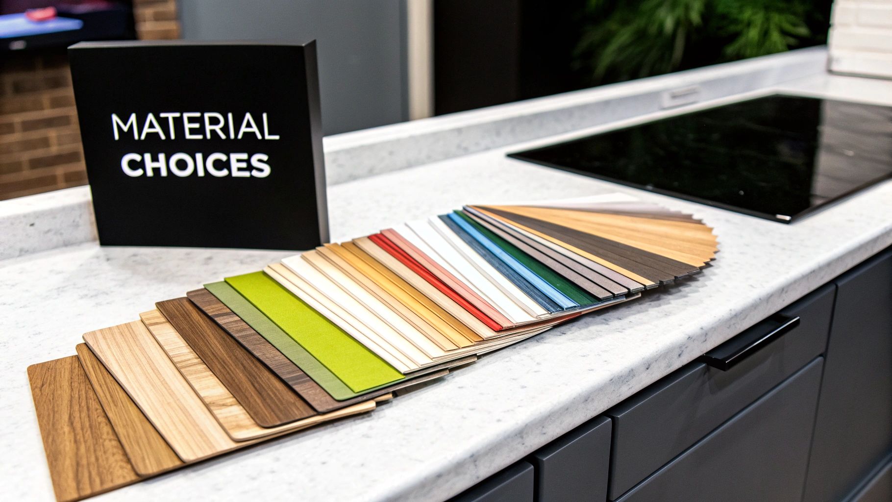 Various kitchen material samples, including wood and colored swatches, for design choices on a countertop.