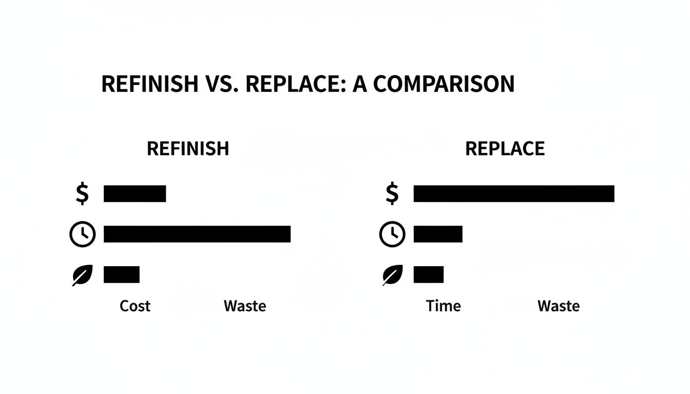 Infographic comparing refinish versus replace, highlighting differences in cost, time, and environmental waste.