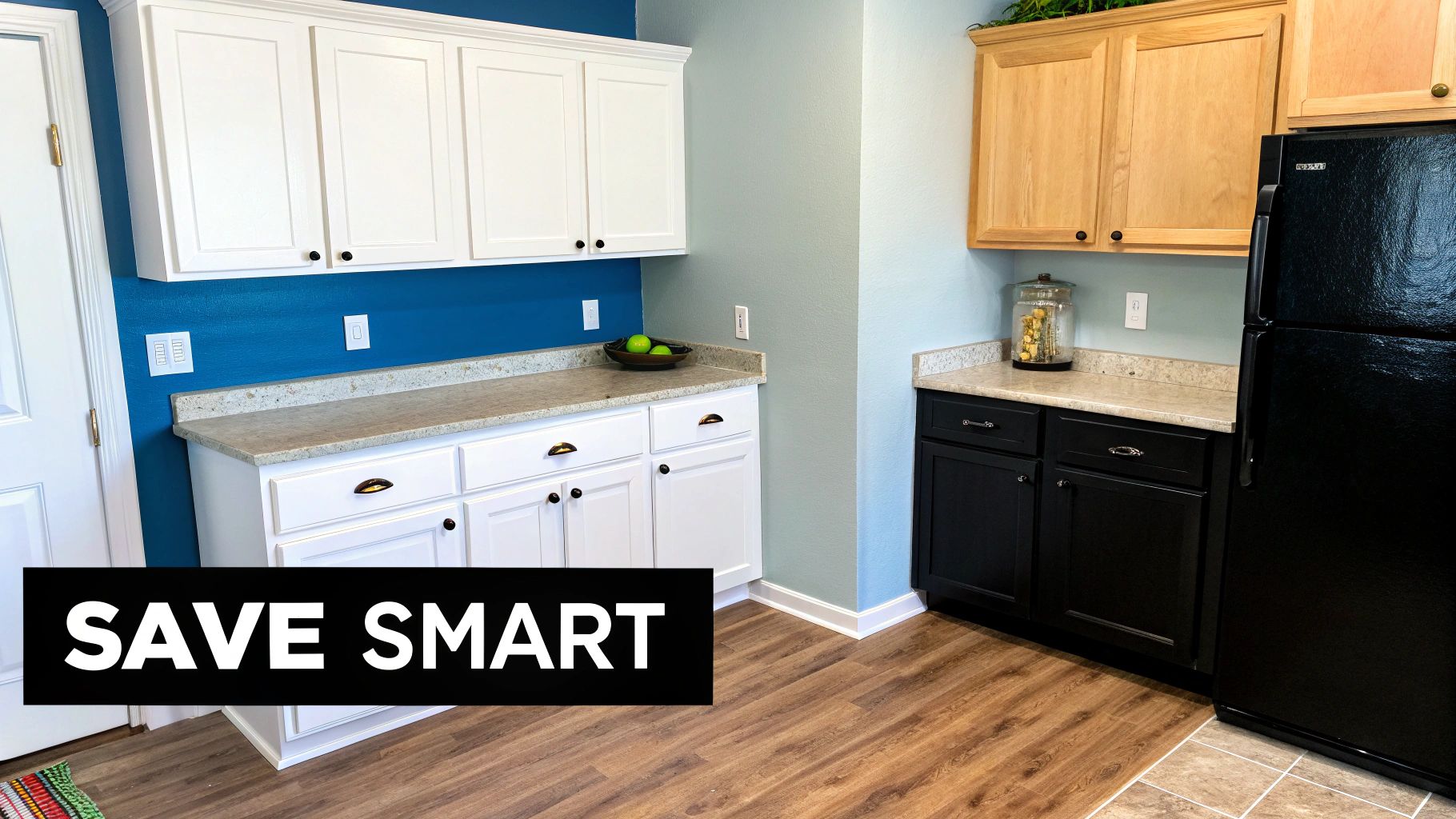 A vibrant kitchen with white, black, and natural wood cabinets, granite countertops, and a modern aesthetic.