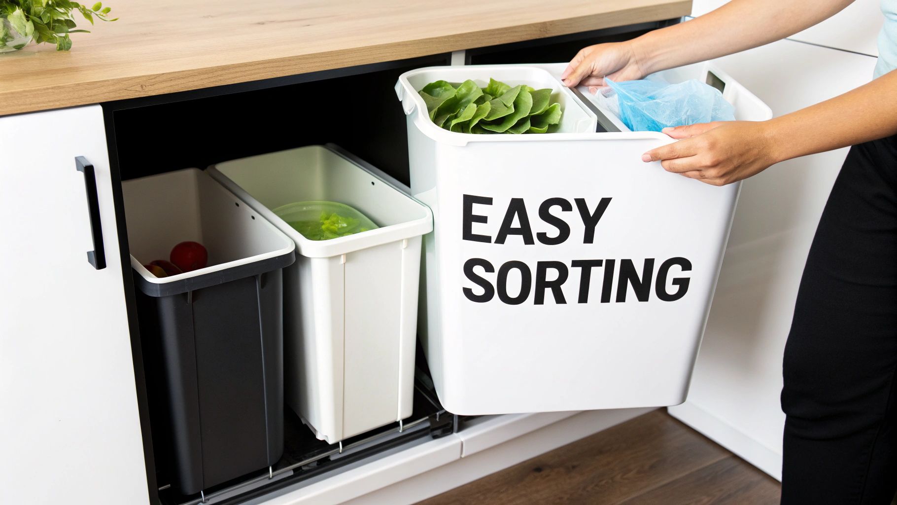 Person's hands sorting waste into a modern under-sink recycling system labeled 'EASY SORTING'.