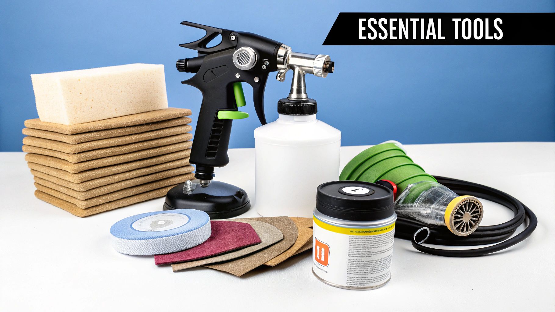 A collection of essential tools for home improvement, including a spray gun, sponges, and sanding pads.