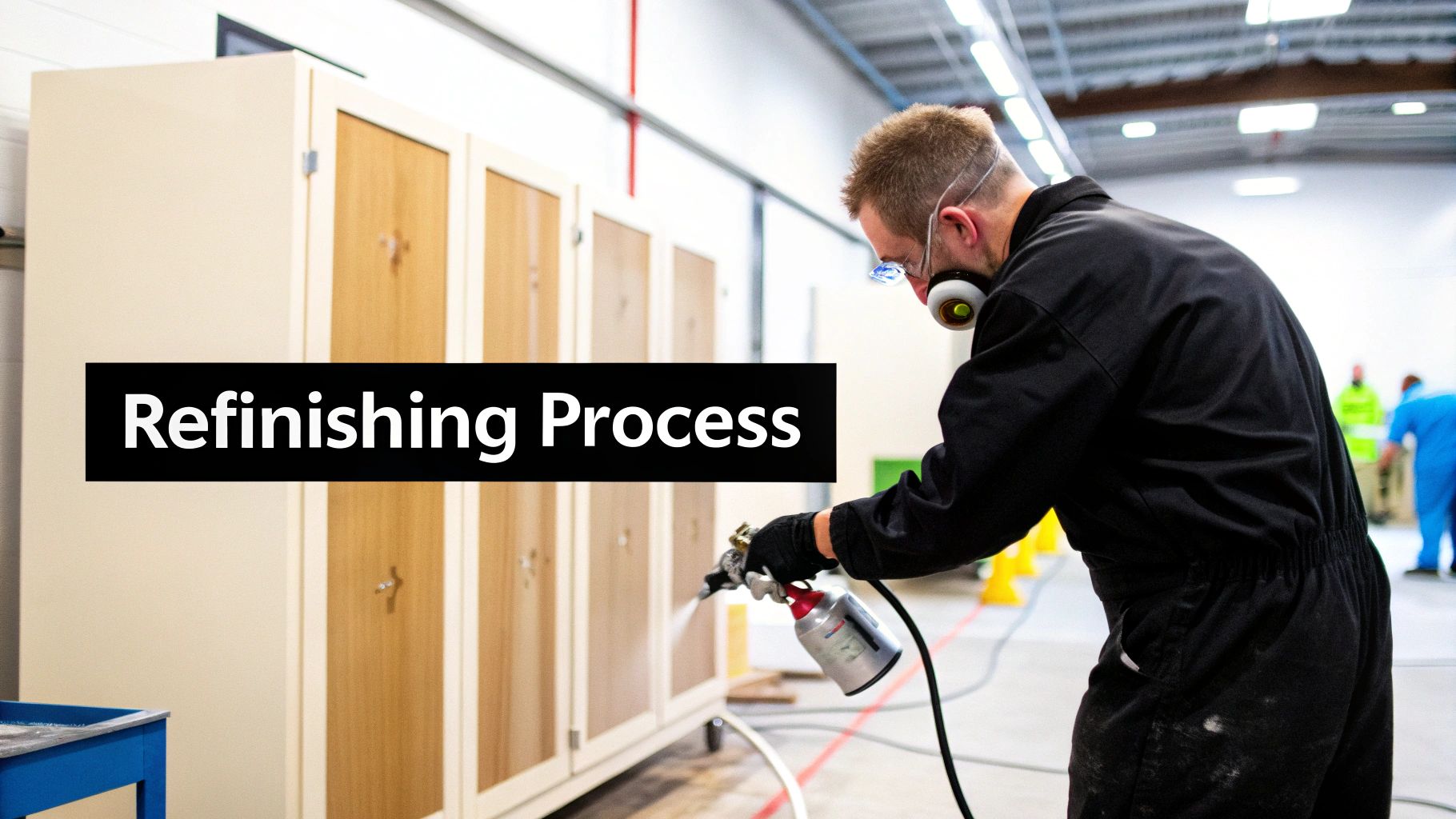 Professional worker spray painting wooden cabinet doors during kitchen refinishing process in workshop