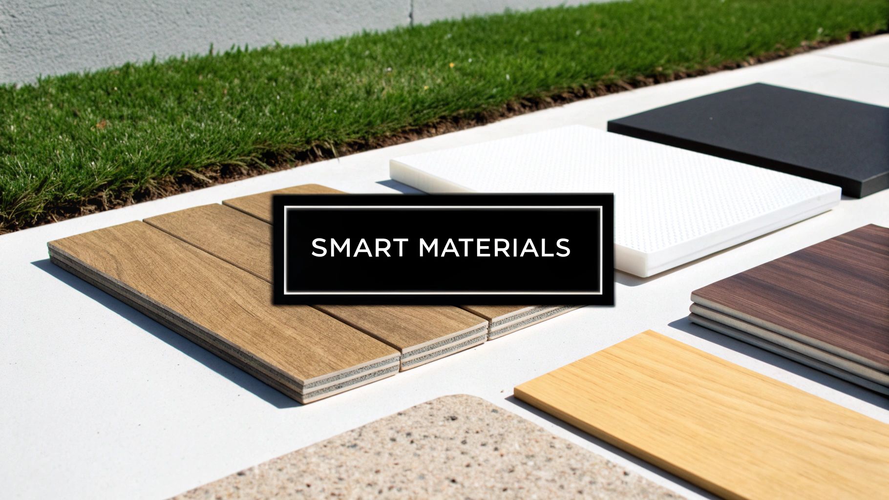 Various smart material samples including wood, white textured, black, and speckled panels on a light surface.