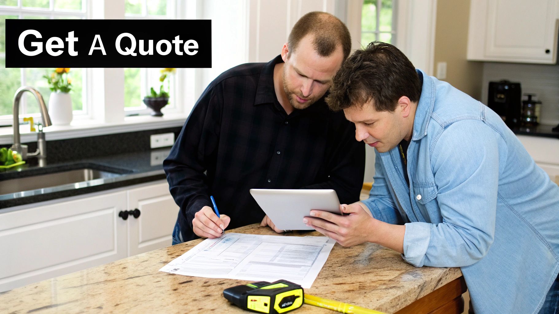 Two men in a modern kitchen reviewing documents and a tablet for a quote.