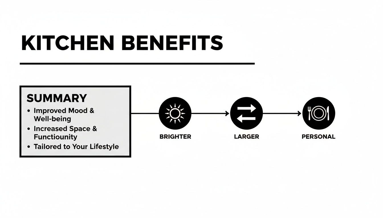 A slide detailing kitchen benefits: improved mood, increased space, functionality, brighter, larger, and personal.