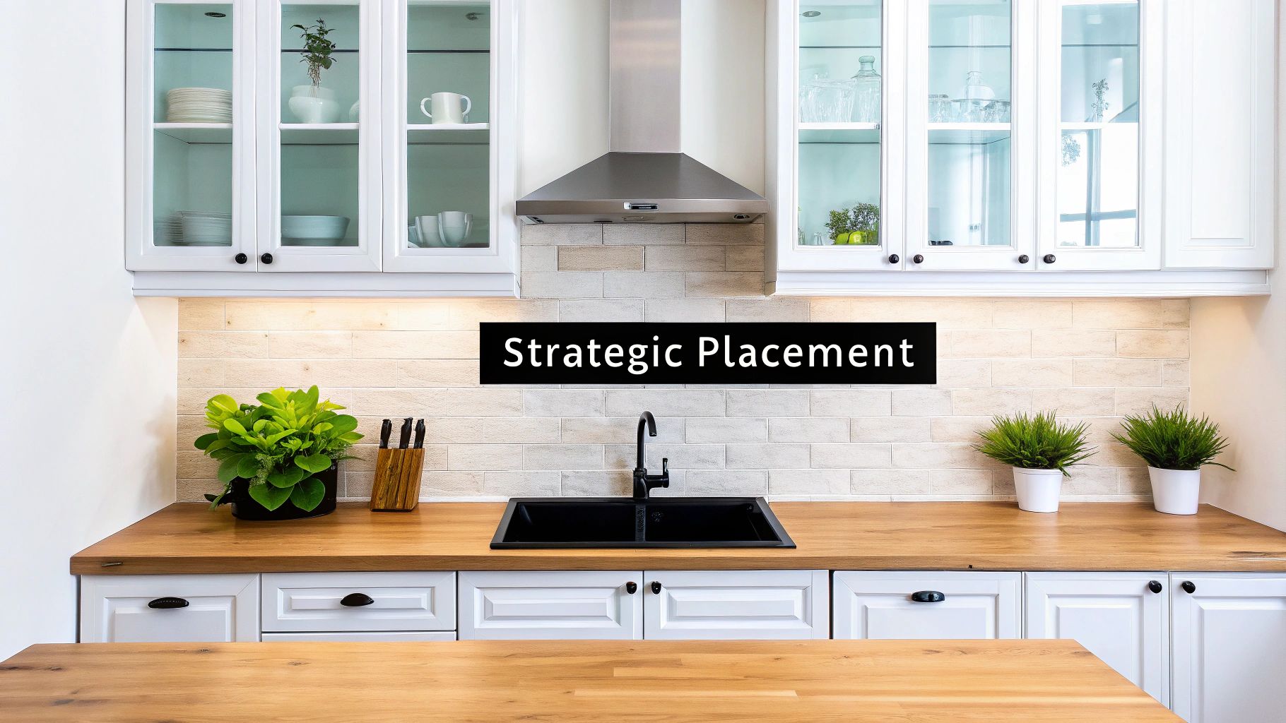Modern kitchen with white shaker cabinets, glass doors, stainless steel hood, black sink, wood countertop, and plants.