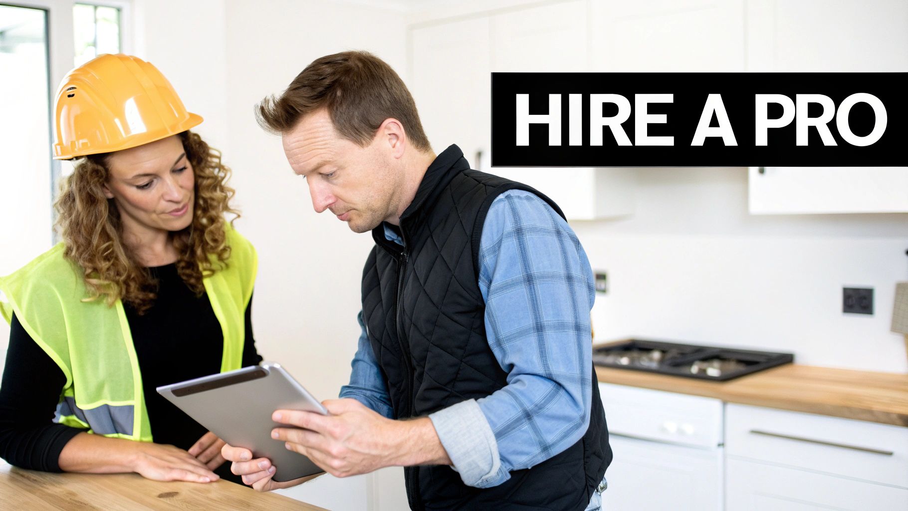 Professional contractor and homeowner reviewing kitchen renovation plans on tablet in modern white kitchen