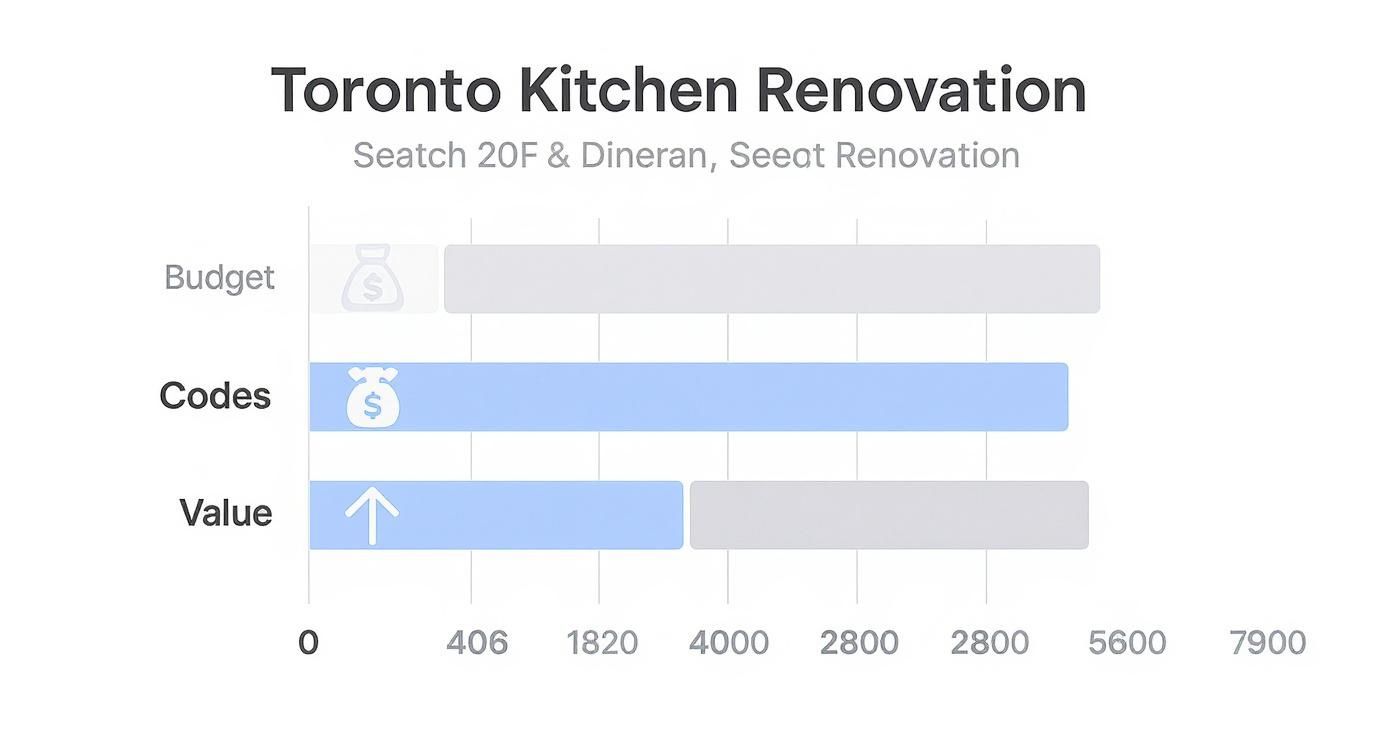 Horizontal bar chart showing Toronto Kitchen Renovation data for Budget, Codes, and Value.