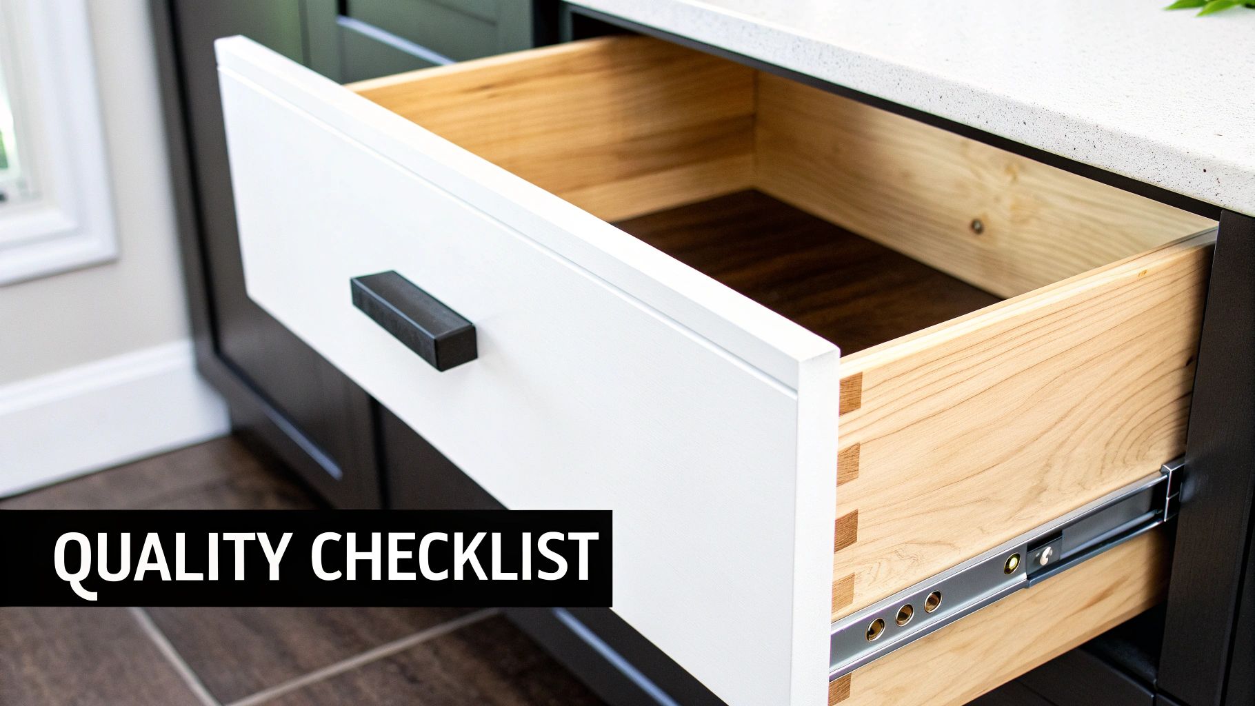 An open white kitchen drawer with a black handle reveals natural wood inside and dovetail joints.