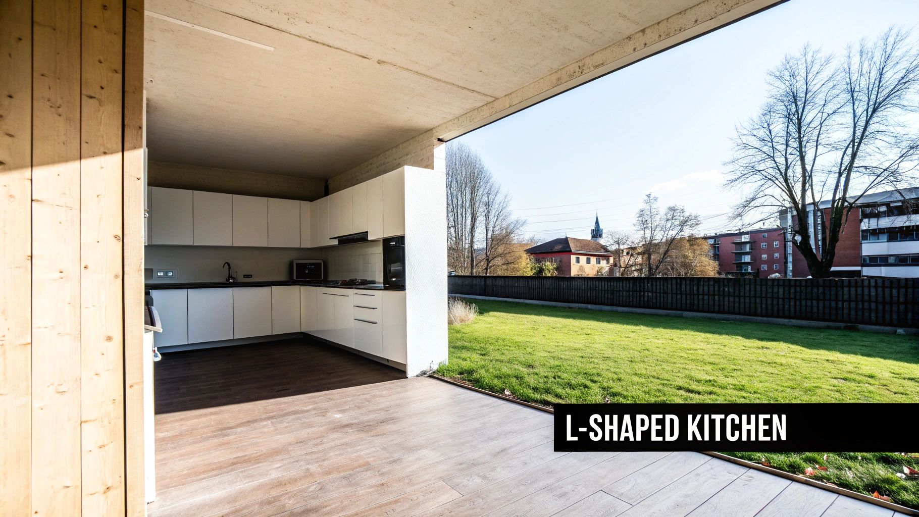 Modern L-shaped kitchen with white cabinets opening to a green backyard on a sunny day.