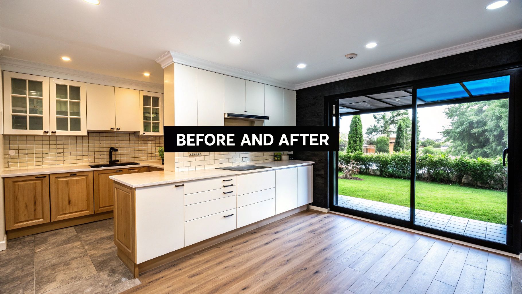 Stunning modern kitchen renovation showing before and after, featuring white cabinets and a green backyard view.