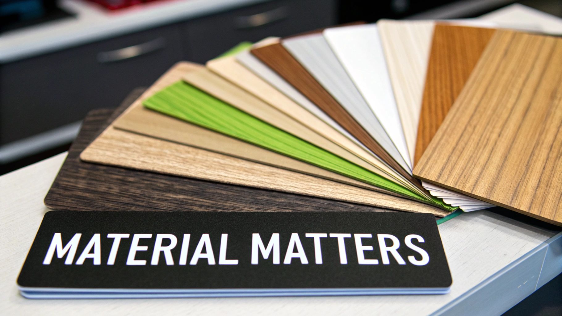 A fan of diverse material samples, including wood and green textures, with a 'MATERIAL MATTERS' sign.