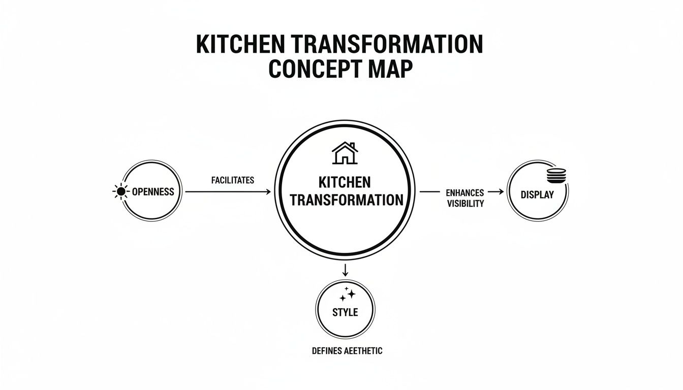 A concept map illustrating how kitchen transformation involves openness, display, and aesthetic style.
