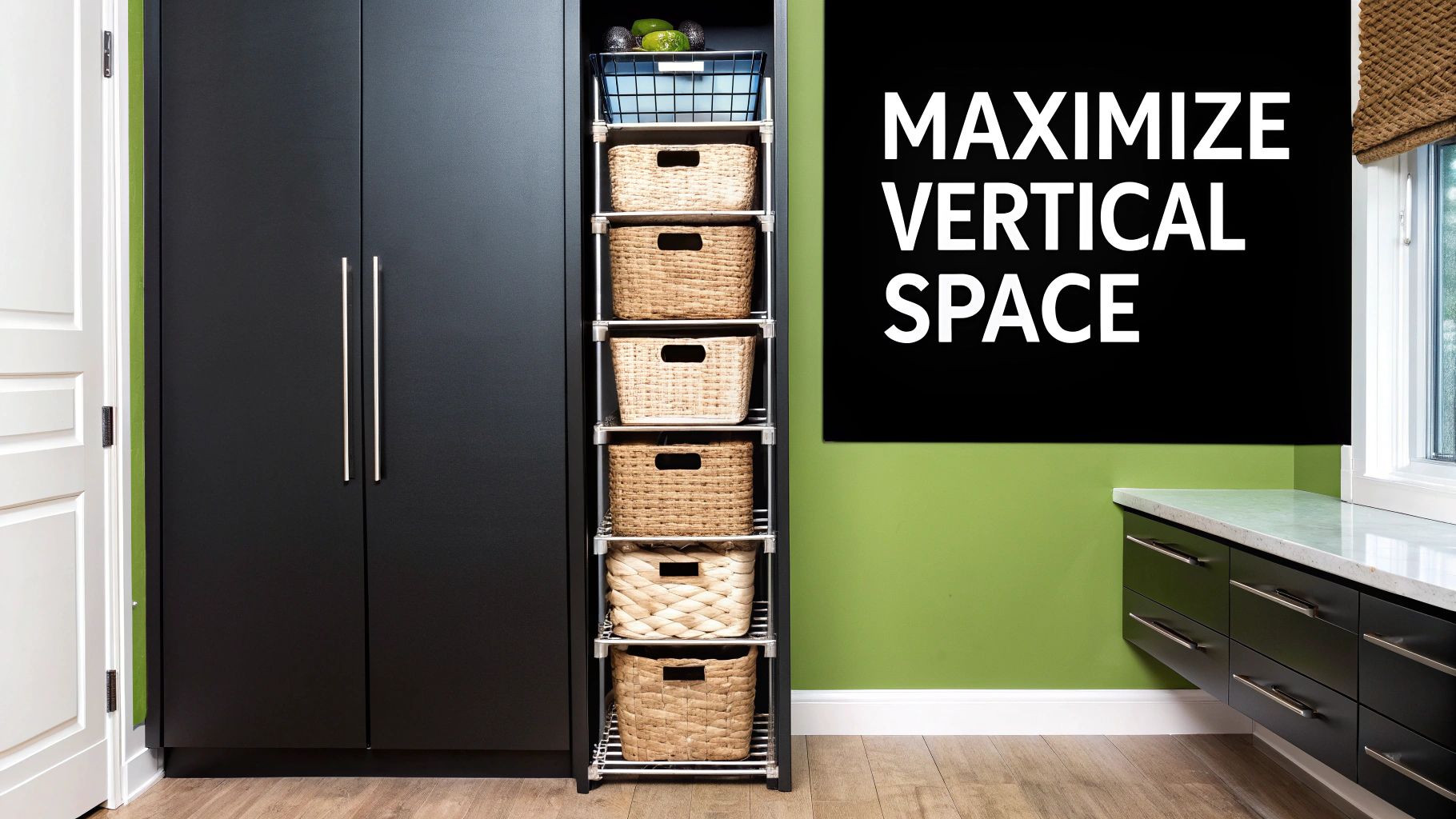 Maximizing vertical space in a modern kitchen with black cabinets and tiered storage baskets.
